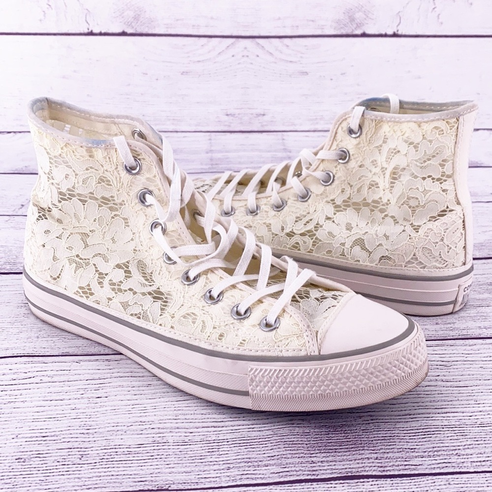 Converse Ivory Lace Bride Bridal Wedding High Tops Size 9.5